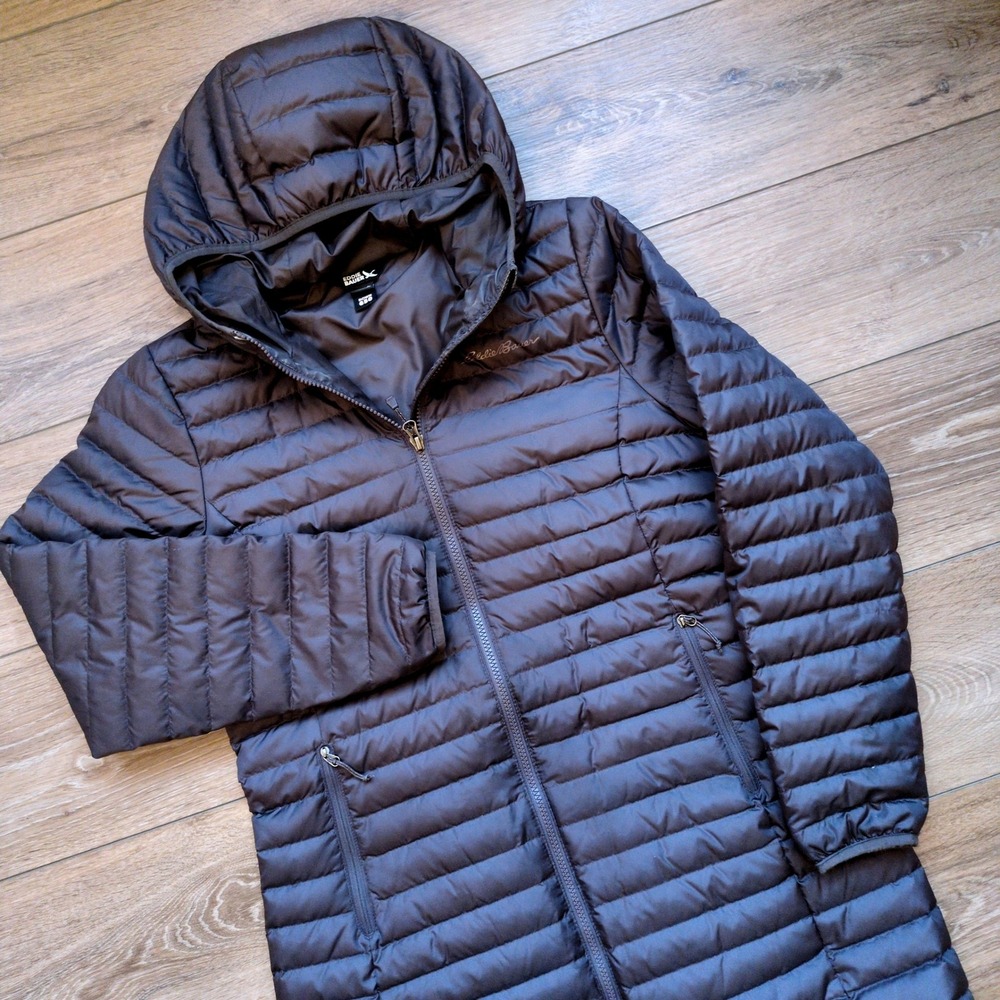Eddie Bauer 650 Down Puffer Jacket Black Quilted Hood Long Gorpcore Packable S